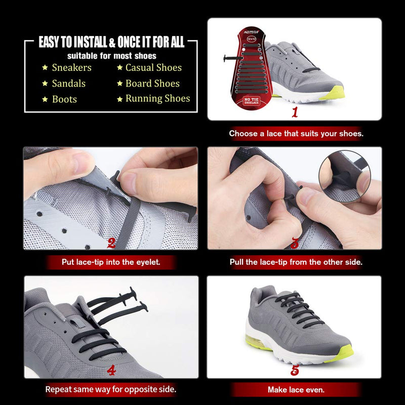 HOMAR No Tie Silicone Shoe Laces Elastic Strech Tiless Rubber Laces with 12 Colors for Kids Adults Trainers Waterproof Flat No Tie Shoelaces for Sneakers Board Shoes Casual Shoes Black - NewNest Australia