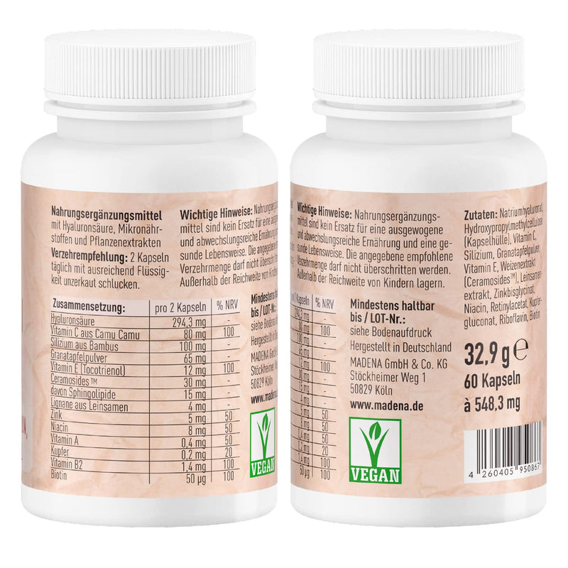Madena Skin Vital, Skin Vitamins Against Blemished Skin, 60 Capsules High Dose With 13 Bioactive Micronutrients, Patented Ceramosides‚Ñ, Hyaluronic Acid, Pomegranate And Lignans - NewNest Australia