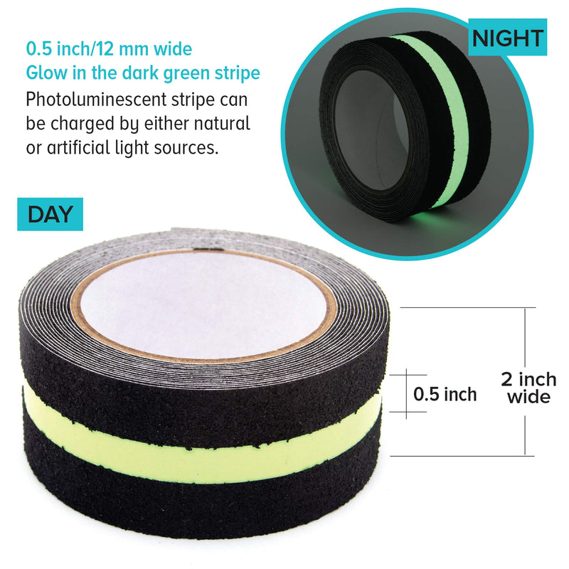 Anti Slip Traction Tape with Glow in Dark Green Stripe, 2 Inch x 15 Foot - Best Grip, Friction, Abrasive Adhesive for Stairs, Tread Step, Indoor, Outdoor, Black (2 inch X 15 feet Tape) 2 inch X 15 feet Tape - NewNest Australia