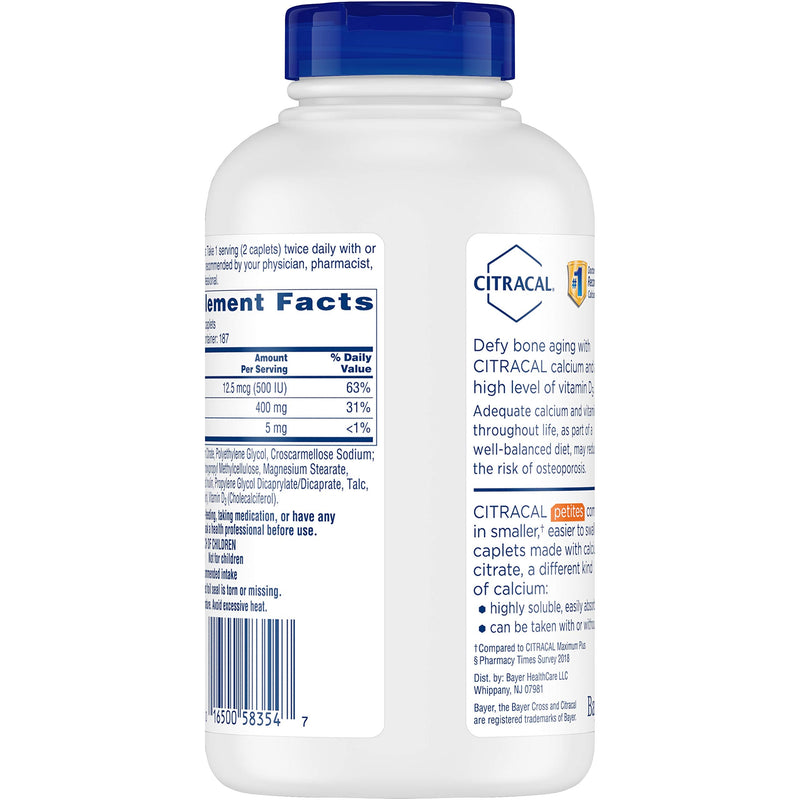 Citracal Petites, Highly Soluble, Easily Digested, 400 mg Calcium Citrate with 500 IU Vitamin D3, Bone Health Supplement for Adults, Relatively Small Easy-to-Swallow Caplets, 375 Count - NewNest Australia
