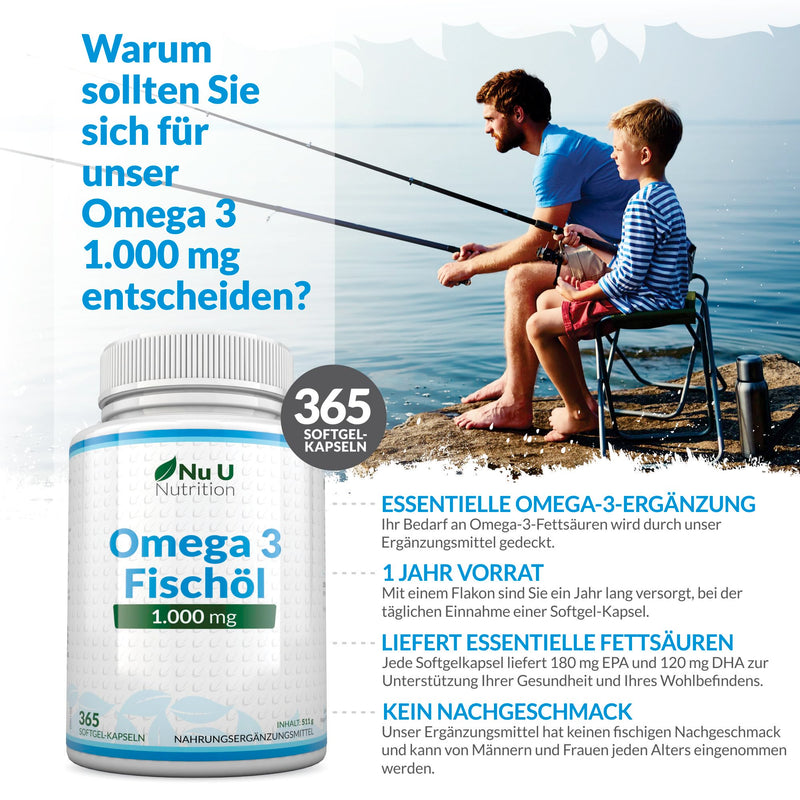 Omega 3 Fish Oil 1000mg - 365 Softgel Capsules - Pure Fish Oil from Sustainable Fishing - 900mg EPA & DHA per dose - Nu U Nutrition - NewNest Australia