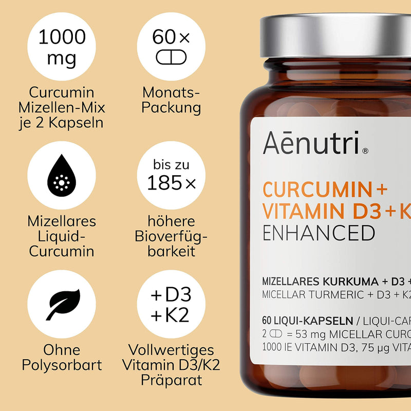 NEW: CURCUMIN Plus high dose | Liquid turmeric in micellar formula | Without polysorbate, without piperine | Liquid with vitamin D3 + K2 | Laboratory-tested quality from DE | 60 capsules - NewNest Australia