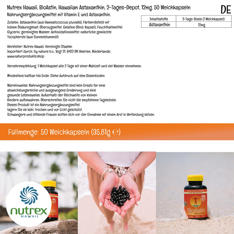 Nutrex Hawaii, BioAstin, Hawaiian Astaxanthin, 12mg, 2-day depot, 50 soft capsules, laboratory tested, vitamin E, gluten-free, soy-free, non-GMO 50 pieces (pack of 1) - NewNest Australia