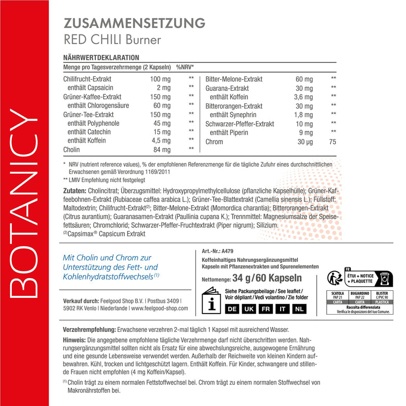 BOTANICY Red Chili Burner - branded raw material Capsimax® made from red chili - promotes fat burning, regulates appetite - hormone-free, vegan - 60 capsaicin capsules - NewNest Australia