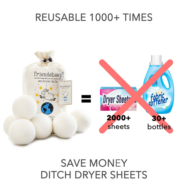 Wool Dryer Balls by Friendsheep 6 Pack XL Organic Premium Reusable Cruelty Free Handmade Fair Trade No Lint Fabric Softener White -"Creamy White" - NewNest Australia