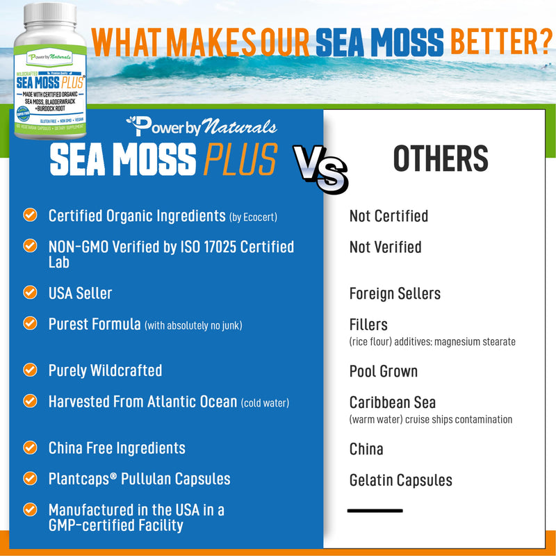 Power By Naturals Certified Organic Sea Moss Plus Supplements with Wildcrafted Irish Sea Moss, Bladderwrack, and Burdock Root, Pure Sea Moss Supplement, Vegan, No Fillers, 60 SeaMoss Powder Capsules - NewNest Australia