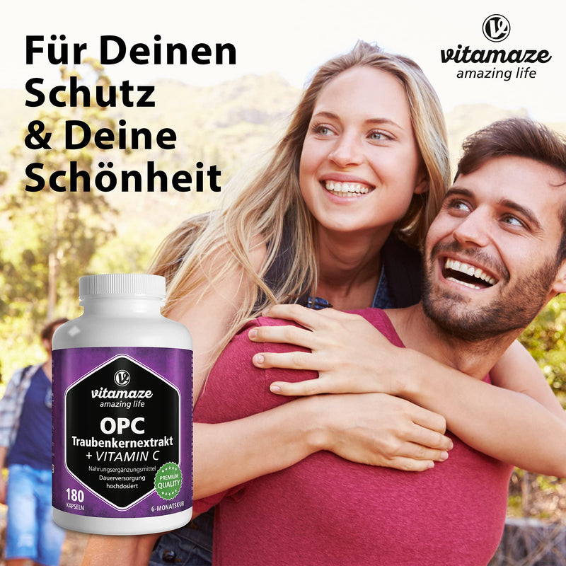 OPC Grape Seed Extract Capsules + Vitamin C, High Strength: 450 mg Certified OPC + 100 mg Vitamin C, 180 Capsules for 6 Months, Natural Supplement Without Additives, Made in Germany 1 Dose - NewNest Australia