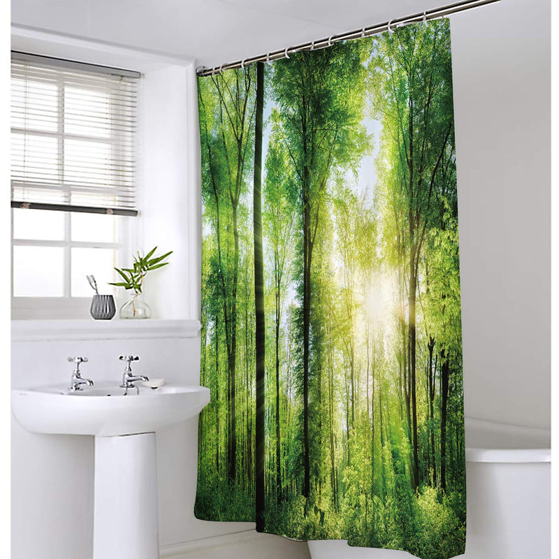 Homewelle Green Forest Shower Curtain Nature Tree Spring Sunlight Rustic Woodland Landscape Bright Sunshine 60Wx72H Waterproof 12 Pack Hooks Polyester Fabric Bathroom Bathtub - NewNest Australia