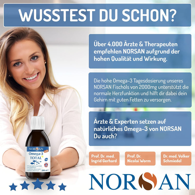 NORSAN Premium Omega 3 Fish Oil Total Lemon Online High Dose 200 ml / 2,000 mg Omega 3 per serving/Omega 3 Oil with EPA & DHA/Omega 3 Premium Oil with 800 IU Vitamin D3 200 ml (Pack of 1) - NewNest Australia