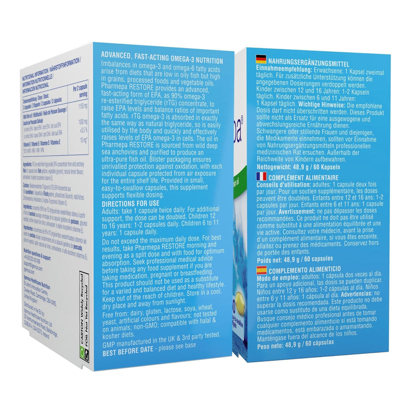PharmEPA RESTORE 1000mg pure EPA in triglyceride form, Omega 3 90% EPA fatty acids in fish oil capsules, high dose, triple strength, 60 capsules, from Igennus - NewNest Australia