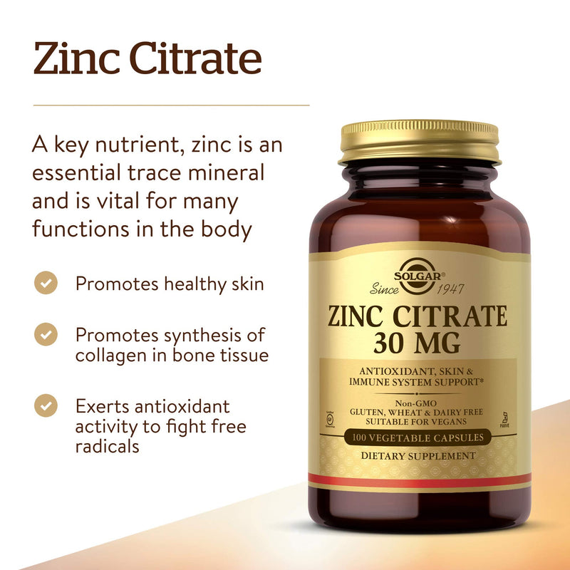 Solgar Zinc Citrate 30 mg, 100 Vegetable Capsules - Zinc for Healthy Skin, Taste & Vision - Immune System & Antioxidant Support - Citrate Form for Optimal Absorption - Non GMO, Vegan - 100 Servings - NewNest Australia