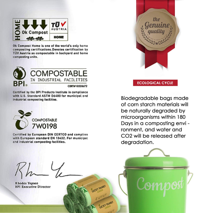 Lucky Family Green Compost Bags for Kitchen Countertop Bin 13 Gallon - 100% Compostable Food Waste Trash Repurpose - Perfect Biodegradable Organic Eco Friendly - 25 Bags per Roll - NewNest Australia