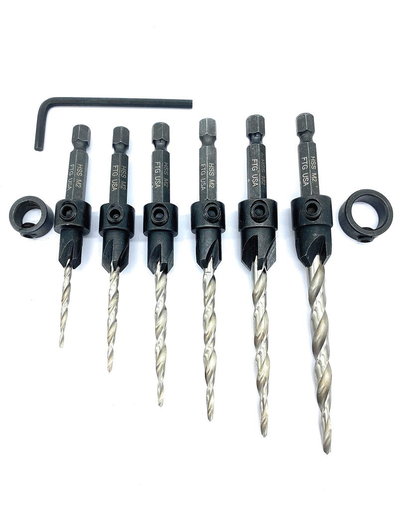 FTG USA Maximum Torque Master Set 6 Sizes #4, 6, 8, 10, 12, 14 Adjustable Wood Countersink Drill Bit Set with Woodworking HSS Tapered Bits Secured with Pin and Hex Wrench (1/8" Allen Key) Included with 2 Adjustable Depth Stop Collars 3/8" and 1/2" - NewNest Australia