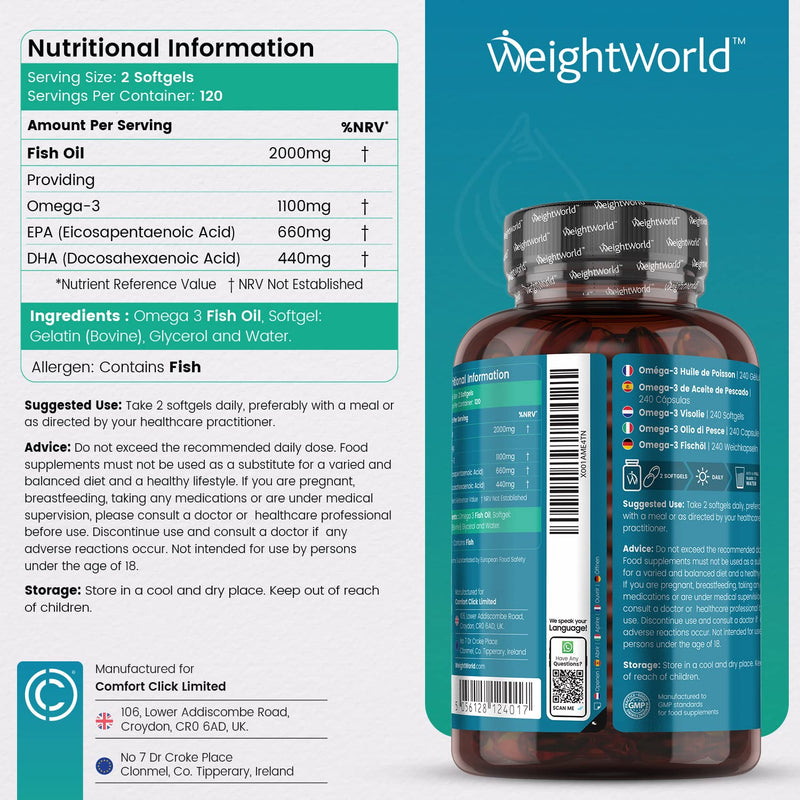Omega 3 Fish Oil 2000mg - High Strength 660mg EPA & 440mg DHA Per Serving - 4 Month Supply (240 Omega 3 Capsules Softgel) - Pure Fish Oil Supplement - Easy to Swallow Fish Oil Omega 3 Softgel -UK Made - NewNest Australia