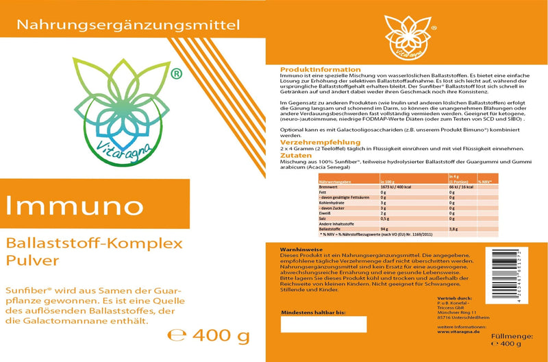 Vitaragna Sunfiber Immuno Fiber Complex As Powder From The Guar Plant, Guar Gum And Gum Arabic - For Intestinal Flora And Intestinal Bacteria, 400 G, Low Fodmap - NewNest Australia