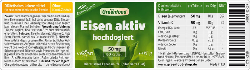 Greenfood - Iron active 50 mg - Extra high dosage - 150 vegan iron tablets - Important for blood formation, energy and immune system - No artificial additives 150 pieces (pack of 1) - NewNest Australia
