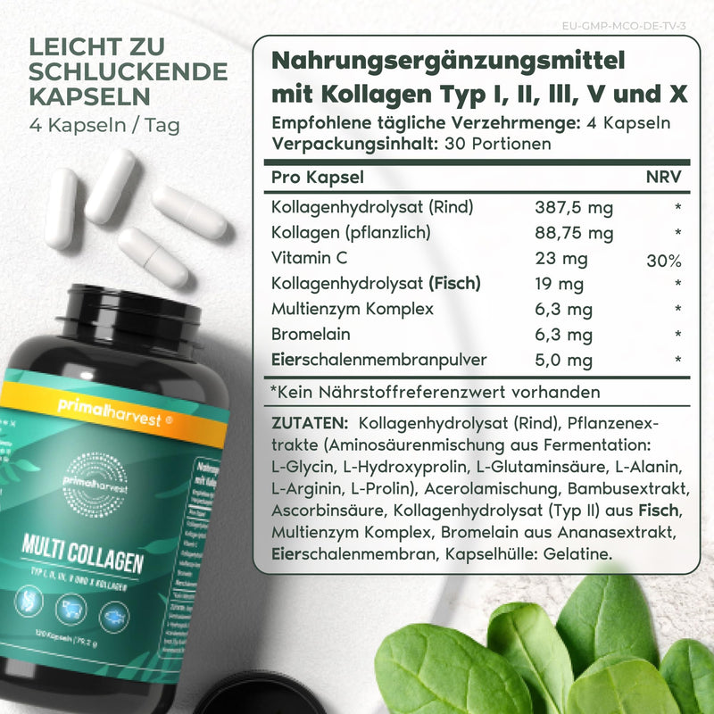Primal Harvest  Multi-Collagen - 120 Collagen Capsules High Dose - Premium Collagen Complex For Hair, Skin, Nails, Joints And Intestinal - Gmp Certified & Made In Germany - Gluten & Soy Free - NewNest Australia