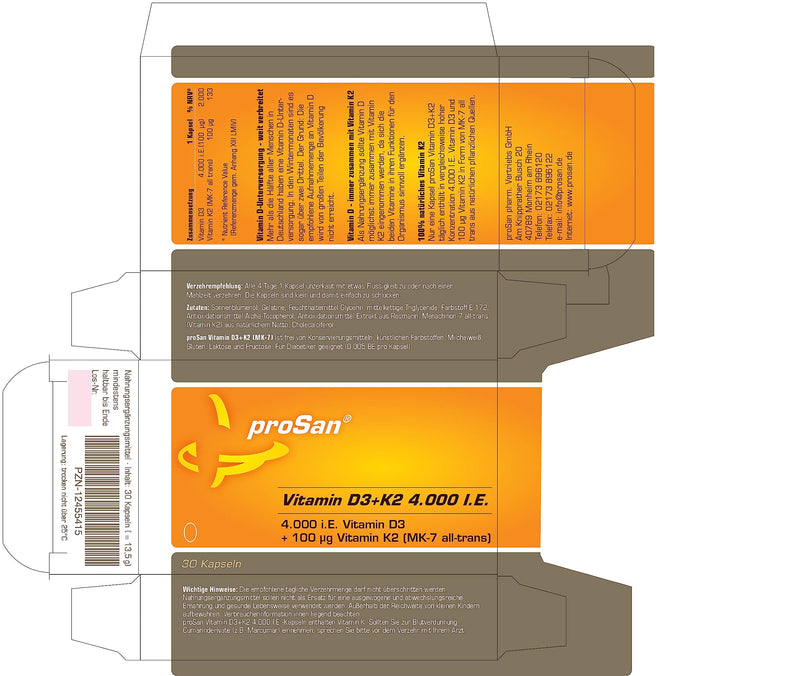 Prosan Vitamin D3+K2 4,000 Iu, 30 Capsules, High Dose 4,000 Iu Vitamin D3 + 100% Natural Vitamin K2 All-Trans 100 Œºg, High Bioavailability, Made In Germany, Small Capsules - NewNest Australia