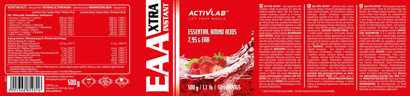 Activlab Eaa Xtra Instant 500 G, Powder, All 8 Essential Exogenous Amino Acids, B Vitamins, 50 Servings, Workout Drink, Raspberry Strawberry, Optimal Value, Vegan, Includes Measuring Cup, Vegan - NewNest Australia