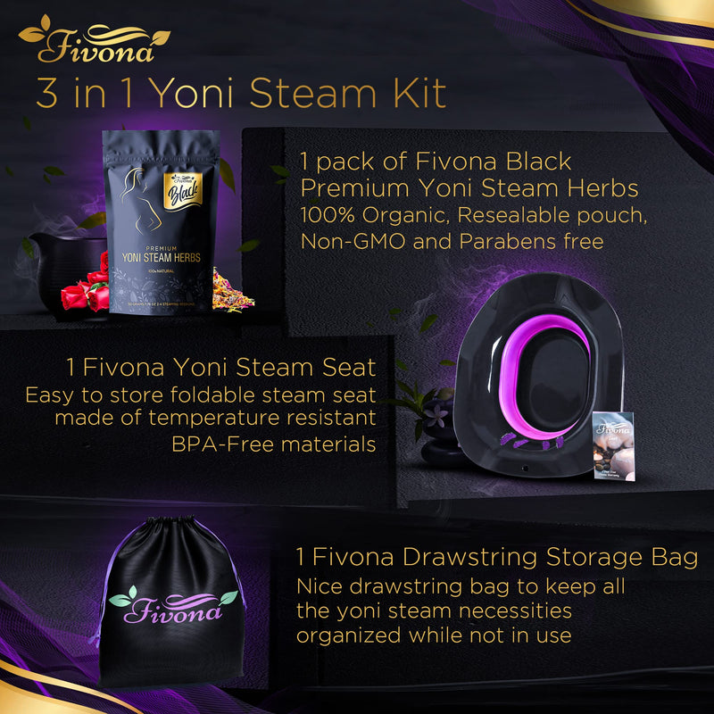 Fivona Black 3-in-1 Yoni Steam Kit - Foldable Over The Toilet Steamer Seat with V Steaming Herbs and Storage Bag - Effective Detox pH Balance Cleansing and Relaxation - at Home V-SPA - NewNest Australia