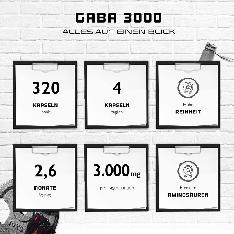 GABA 3000 - 320 capsules of 750 mg each - Gamma aminobutyric acid - High dose with 3000 mg per daily serving - Amino acid - Premium quality - German Elite Nutrition - NewNest Australia