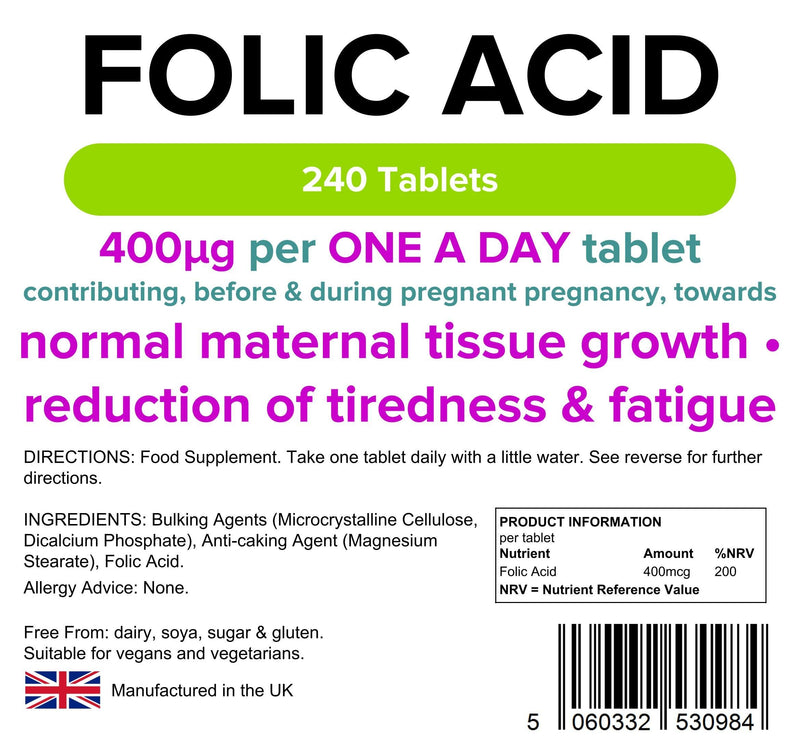 Lindens Folic Acid 400mcg - 240 Vegan Tablets - Pregnancy, UK Made to GMP | Immune Health, Energy and Vitality, Blood Formation, Psychological Function, Amino Acid | Made in the UK, Letterbox Friendly - NewNest Australia