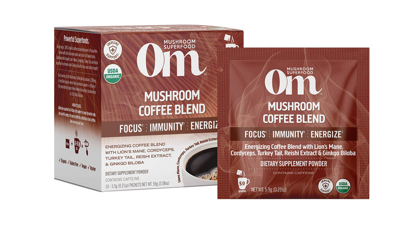 Om Mushroom Superfood Coffee Blend Mushroom Powder, Single Serve, 10 Count, Organic Arabica Beans, Lion's Mane, Cordyceps, Turkey Tail, Reishi Extract, Ginkgo Biloba, Supports Energy and Focus 10 Servings - NewNest Australia