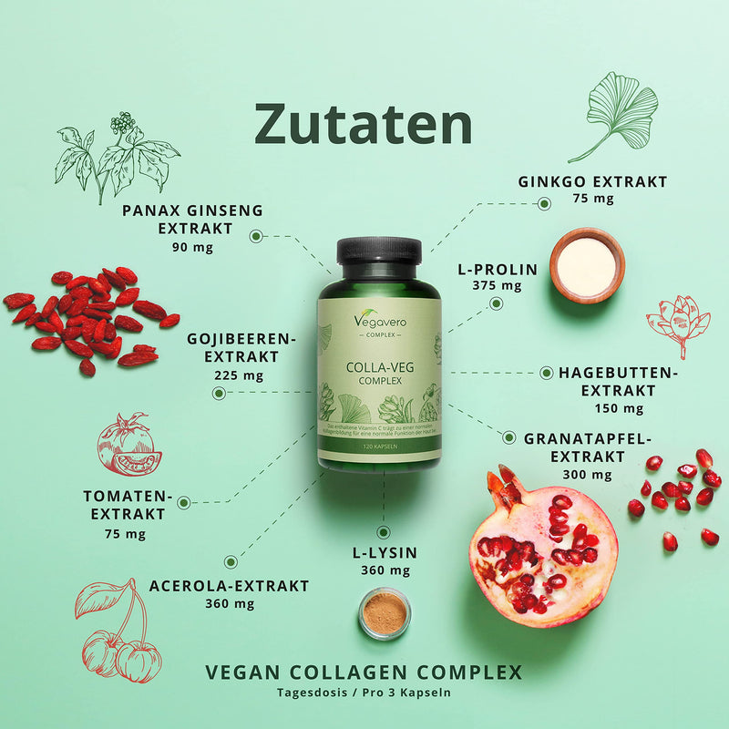 COLLAGEN Booster Vegavero | Vegan alternative to collagen capsules | Amino acids &amp; Acerola Vitamin C | With lycopene, ginseng, ginkgo, rose hip, goji &amp; pomegranate | 120 capsules - NewNest Australia