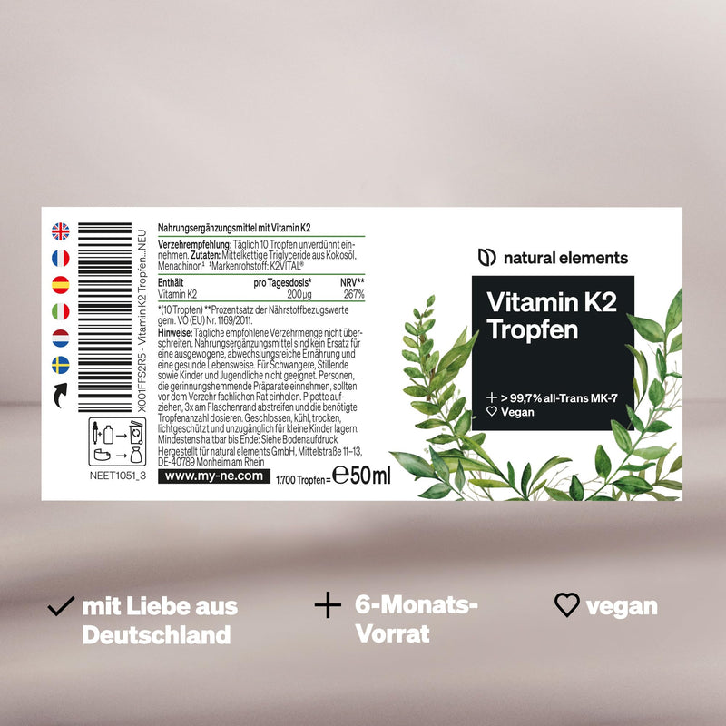 Vitamin K2 MK-7 200µg - 1700 drops (50 ml) - all-trans content >99.7% (K2VITAL® from Kappa) - laboratory tested, vegan, high dosage & produced in Germany - NewNest Australia