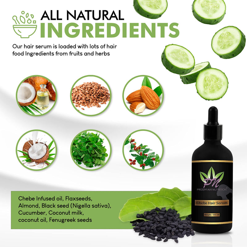 Priddyfair Nutrition Chebe Hair Growth Serum 100ml contains Biotin rich Fruits & Herbs for Anti Hair Loss Hair Serum Growth Treatment Oil, Thinning Hair | Help Hair Follicle Growth For Men & Women - NewNest Australia