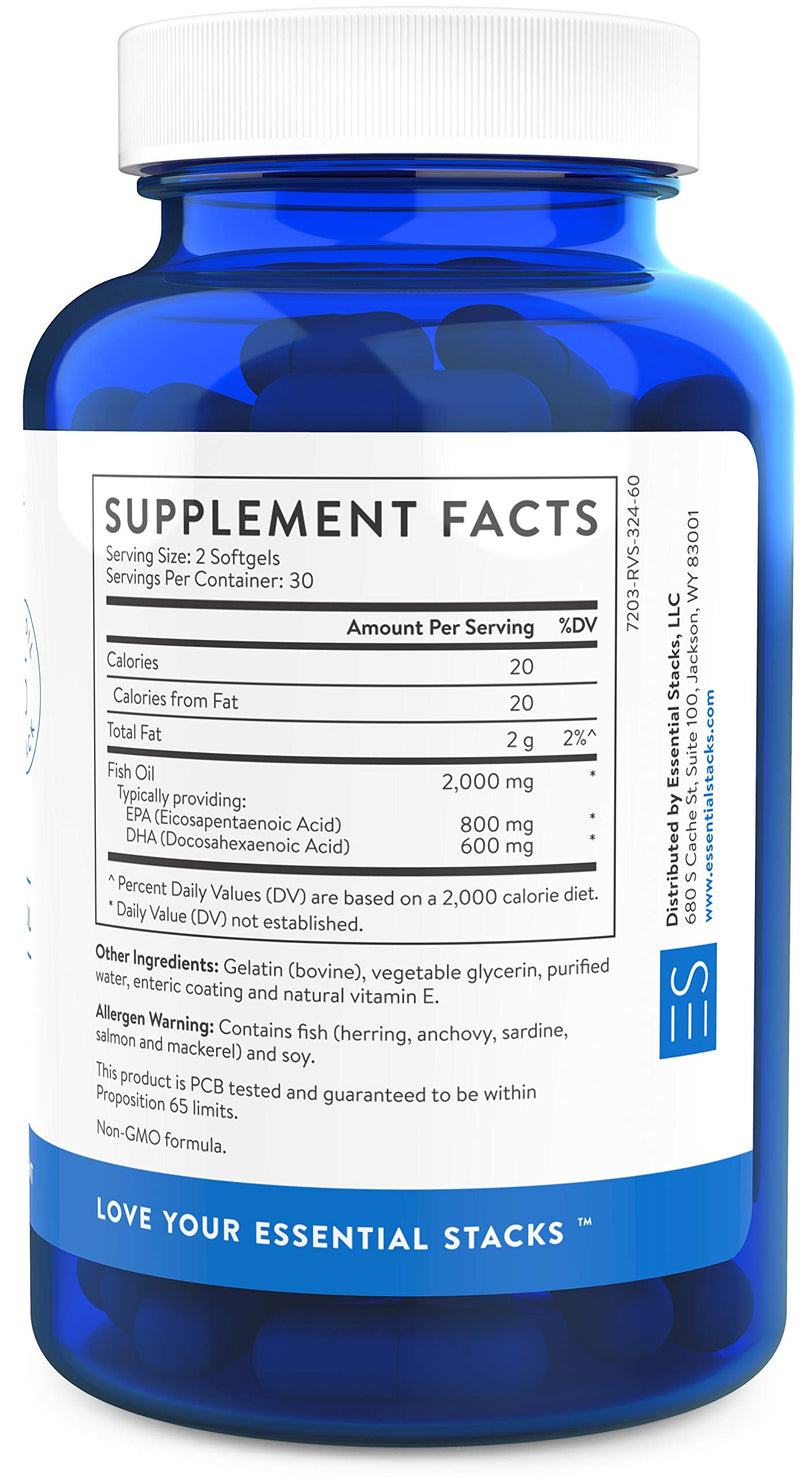 Essential Stacks Burpless Fish Oil Omega 3 - Triple Strength (1400mg EPA DHA Per Serving), Enteric Coated, Molecularly Distilled & No Fishy Burps OR Aftertaste. - NewNest Australia