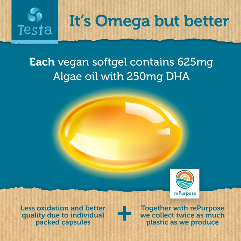 Testa Omega-3 Algae Oil - 250mg DHA - Vegetable Omega-3 - Pure and Vegan - Much Healthier than Fish Oil - 60 Capsules (1 Pack) - NewNest Australia