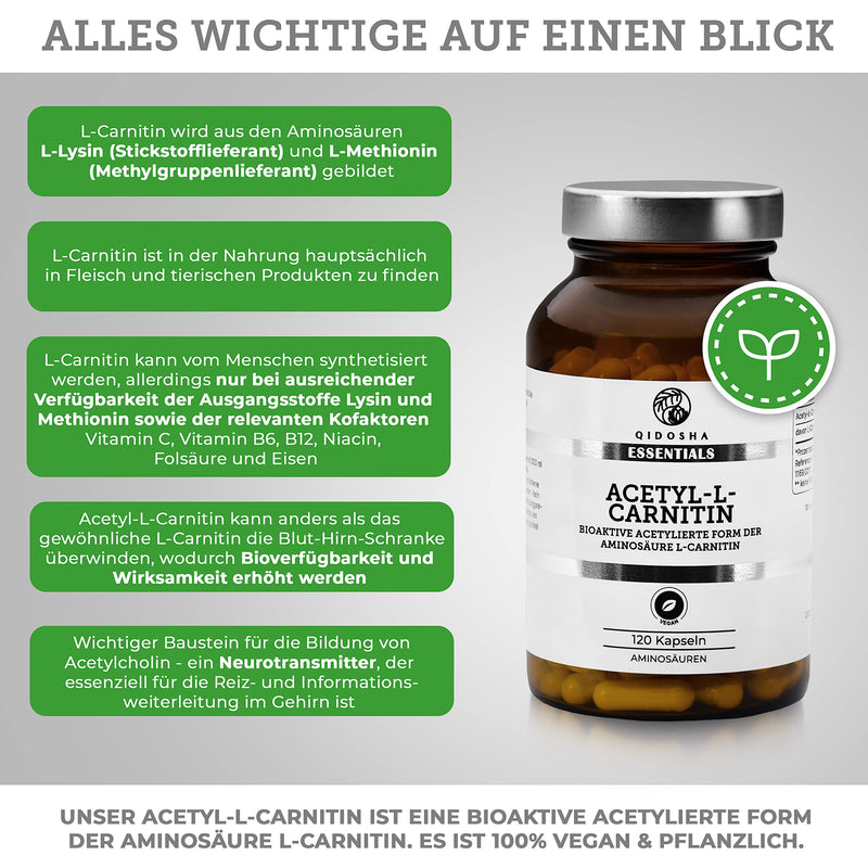 Qidosha Acetyl L Carnitine Capsules Bioactive, Increased Bioavailability, 120 Capsules/Glass, Acetyl L Carnitine 500Mg Vegan, Bioactive Acetylated Form Of The Amino Acid L-Carnitine, Produced In Germany - NewNest Australia