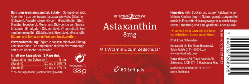 High-dose astaxanthin capsules - 60 capsules for 30 days - 8 mg astaxanthin per day - With vitamins C and E - 100% natural origin - No additives - NewNest Australia