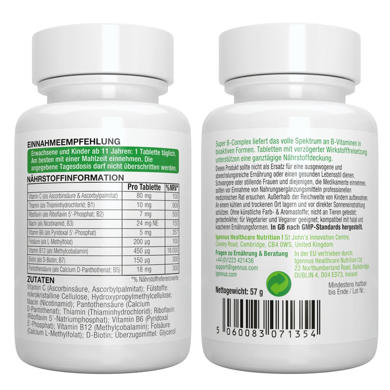 Super B-Complex Vegan Vitamin B Complex In Bioactive Form, Carefully Dosed For Maximum Biological Activity, With Folic Acid/Folate, D-Biotin, B6 & B12, 180 Tablets - NewNest Australia