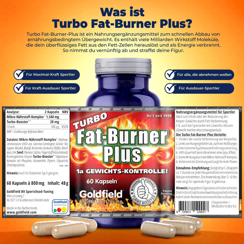 Goldfield Turbo Fat-Burner Plus Fat Burner Complex With Garcinia Cambogia High Dose, Turmeric, Nutmeg, Basil, Coriander, Saffron And More, Appetite Suppressant And Slim Booster Extreme, 60 Capsules - NewNest Australia