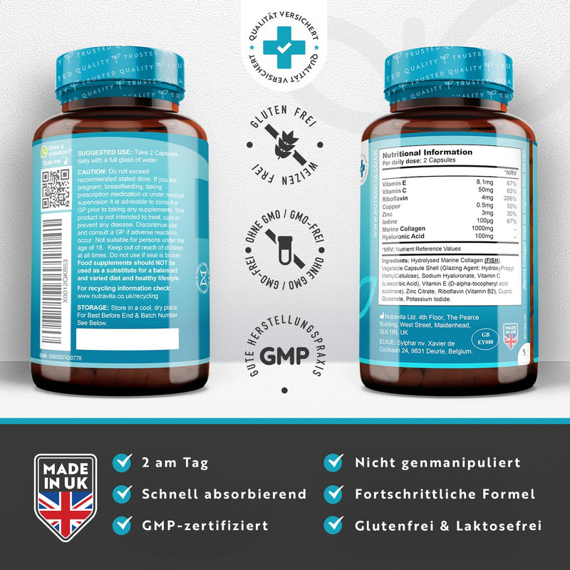 Marine Collagen - 1000 Mg - 90 Capsules With Premium Hydrolysed Type 1 Collagen - Enriched With Hyaluronic Acid, Vitamin C, E, B2, Zinc, Copper And Iodine - Made By Nutravita - NewNest Australia