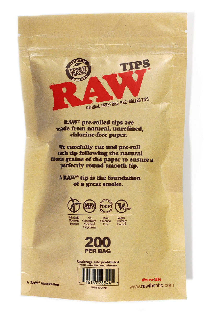 RAW Natural Unrefined Pre-Rolled Filter Tips - 1 Bag of 200 Tips - NewNest Australia