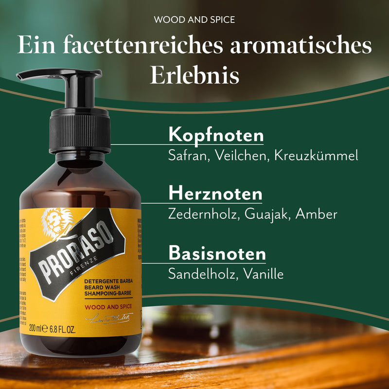 Proraso Beard Wash Wood & Spice, 200ml, scented beard shampoo cleans, nourishes and refreshes beard and skin, washing gel gently removes impurities, Made in Italy - NewNest Australia