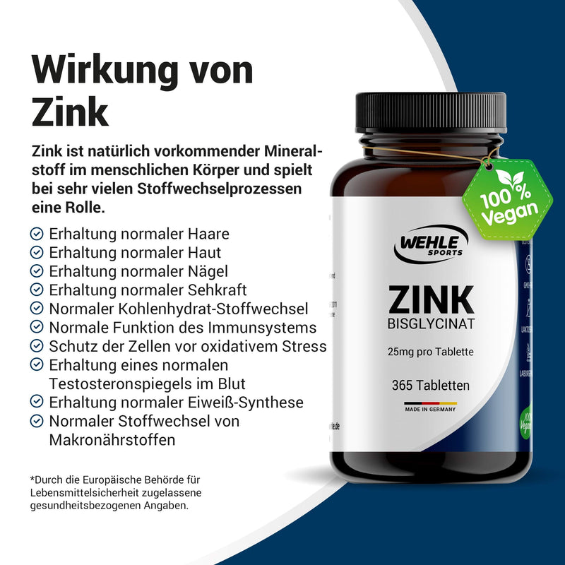 Wehle Zinc Tablets 365 high dosage (25mg per tablet) Multiple price-performance winner 2020* - Premium Zinc Bisglycinate - Laboratory tested, vegan, made in Germany - NewNest Australia