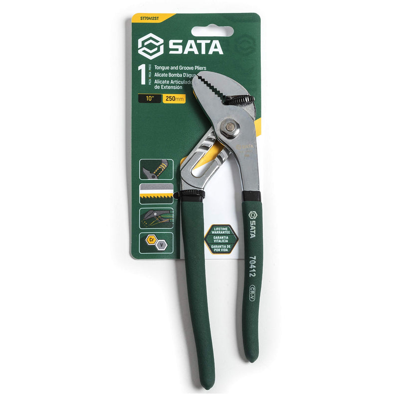 SATA 10" Tongue-and-Groove Pliers, Straight Jaw Design, with Chrome Vanadium Steel Construction and Green Dipped Handles, ST70412ST, 10" 10" - NewNest Australia