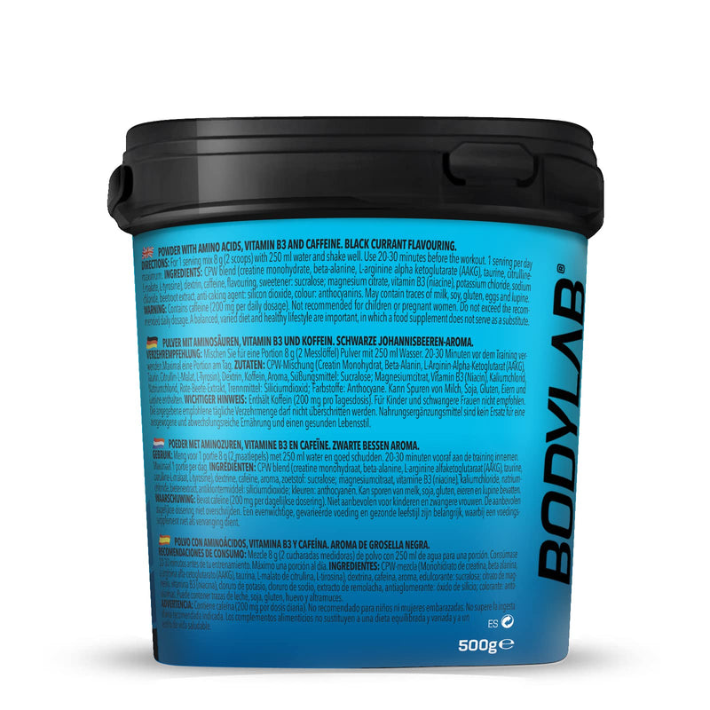Bodylab24 Concentrated Pre-Workout Booster Blackcurrant 500g, energy booster with creatine, beta-alanine, arginine, niacin and caffeine in the optimal ratio for more power during training 500g (pack of 1) - NewNest Australia