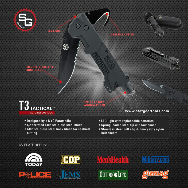 StatGear T3 Tactical Auto Rescue Tool - knife, seatbelt cutter, spring-loaded window punch, light. sheath included - NewNest Australia