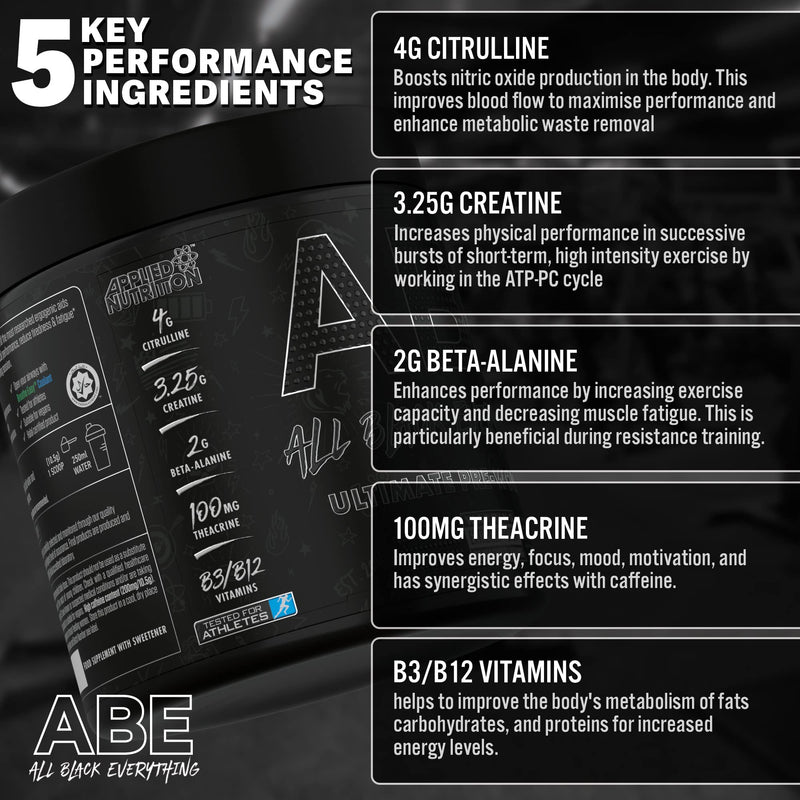 Applied Nutrition ABE Pre Workout Booster - All Black Everything Powder Energy, Physical Performance with Citrulline, Creatine, Beta Alanine, Caffeine, 315g (Baddy Berry) - NewNest Australia