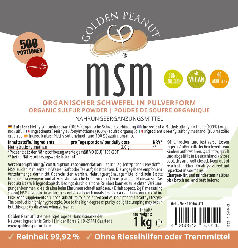 GOLDEN PEANUT MSM Methylsulfonylmethane powder 1 kg - purity 99.92%, nutritional supplement, without anti-caking aids - NewNest Australia