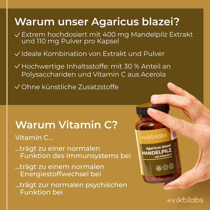 New - Viktilabs¬© Almond Mushroom - Agaricus Blazei - High-Dose Capsules - 400Mg Almond Mushroom Extract + 110Mg Powder Per Capsule | Vitamin C From Acerola Cherries | 2 Month Supply | Developed In Germany - NewNest Australia