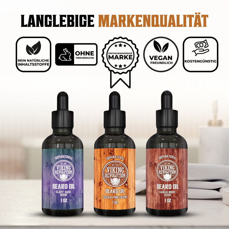 Viking Revolution Beard Oil Men - Set 3x28g Pack of 3 - For Healthy Beard Care - Made from All-Natural Sandalwood, Pine, Cedar and Clary Sage Beard Oil Beard Oil Sandalwood, Pine & Cedar, Clary Sage - NewNest Australia