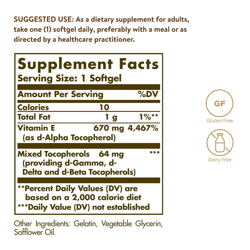 Solgar Vitamin E 670 mg 1000 IU Mixed Softgels Natural Antioxidant Skin Immune System Support NaturallySourced Vitamin E Gluten Free Dairy Free Servings, 180 Count 180 Count (Pack of 1) - NewNest Australia
