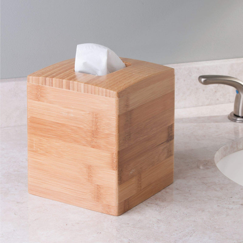 iDesign Formbu Bamboo Facial Tissue Box Cover, Boutique Container for Bathroom Vanity Countertops, 5.25" x 5.25" x 6", Natural Beige - NewNest Australia