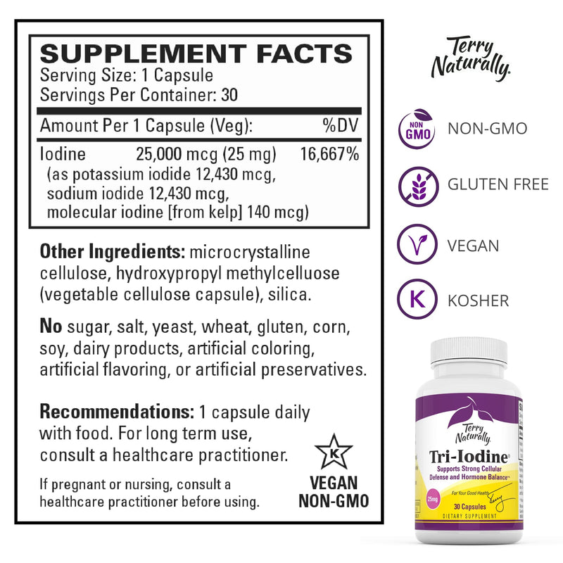 Terry Naturally Tri-Iodine 25 mg - 25000 mcg Iodine, 30 Vegan Capsules - Supports Hormone Balance, Promotes Breast & Prostate Health - Non-GMO, Gluten-Free, Kosher - 30 Servings 30 Caps Standard Packaging - NewNest Australia
